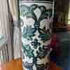 Mid Century Modern Spanish Floral Hand Glazed Ceramic Umbrella Stand Cylinder Pottery Blue Green - Image 4