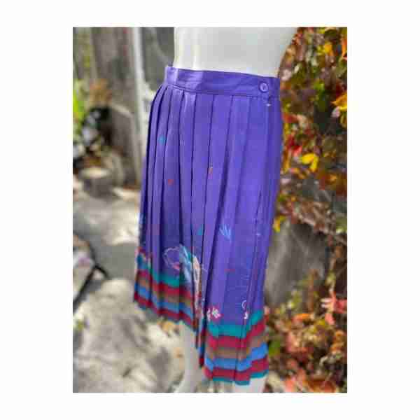 Vintage 80s Ann Stevens Pleated Midi Skirt Purple Floral Art Print Sz 12 - Image 4