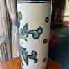 Mid Century Modern Spanish Floral Hand Glazed Ceramic Umbrella Stand Cylinder Pottery Blue Green - Image 2
