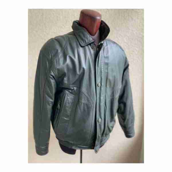 Vintage 90s Green Leather Bomber Dad Jacket Southwest Pattern Lining