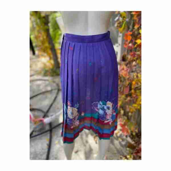 Vintage 80s Ann Stevens Pleated Midi Skirt Purple Floral Art Print Sz 12 - Image 5