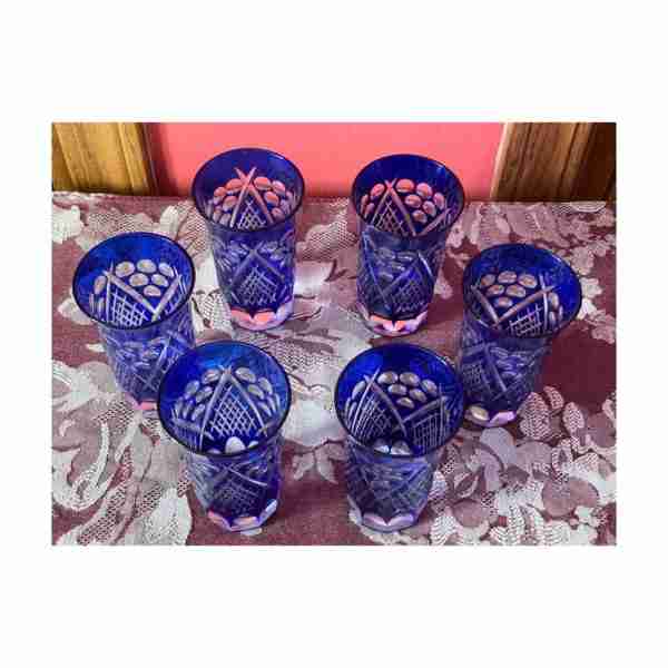 Vintage Cut Crystal Juice Glasses Cobalt Blue Cut To Clear Art Nouveau Set of 6 - Image 6