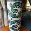 Mid Century Modern Spanish Floral Hand Glazed Ceramic Umbrella Stand Cylinder Pottery Blue Green