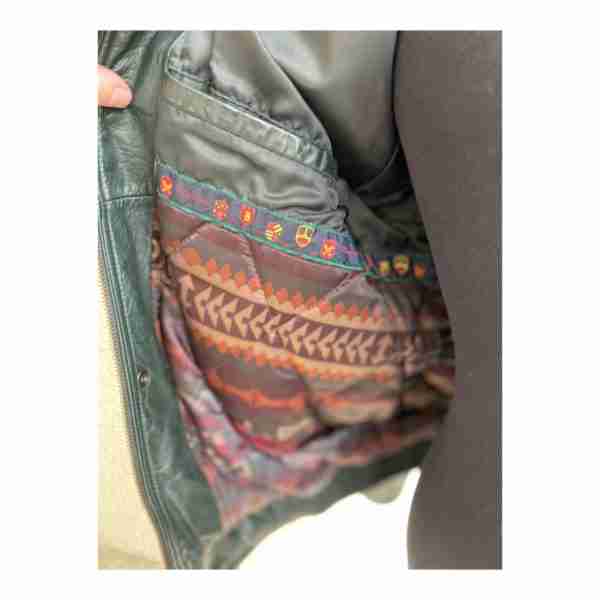 Vintage 90s Green Leather Bomber Dad Jacket Southwest Pattern Lining - Image 11