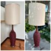 60s Walnut Table Lamp Mod Black Red Lava Chalkware Ceramic Body Mid-Century Vintage Retro