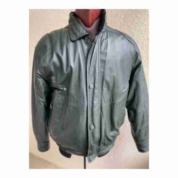 Vintage 90s Green Leather Bomber Dad Jacket Southwest Pattern Lining - Image 2