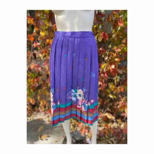 Vintage 80s Ann Stevens Pleated Midi Skirt Purple Floral Art Print Sz 12