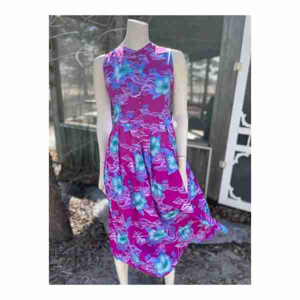 Vintage Pleated Skirt Dress Hawaiian Print Summer Floral Sleeveless