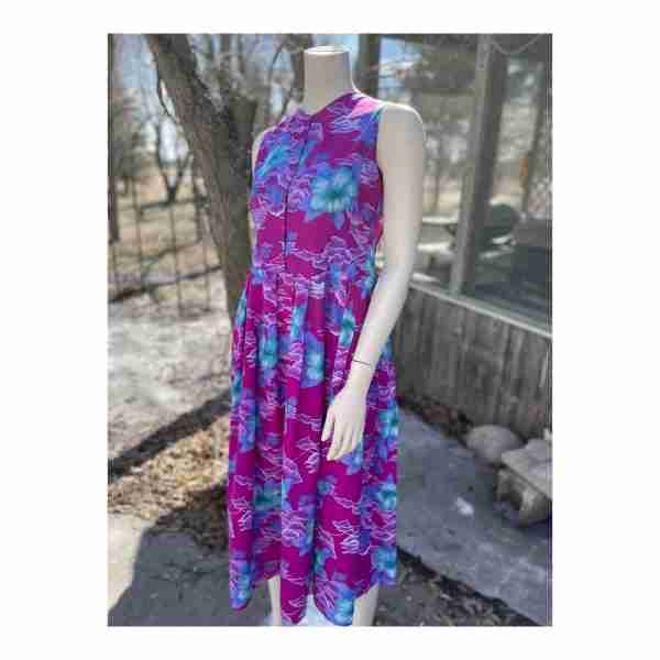 Vintage Pleated Skirt Dress Hawaiian Print Summer Floral Sleeveless - Image 7