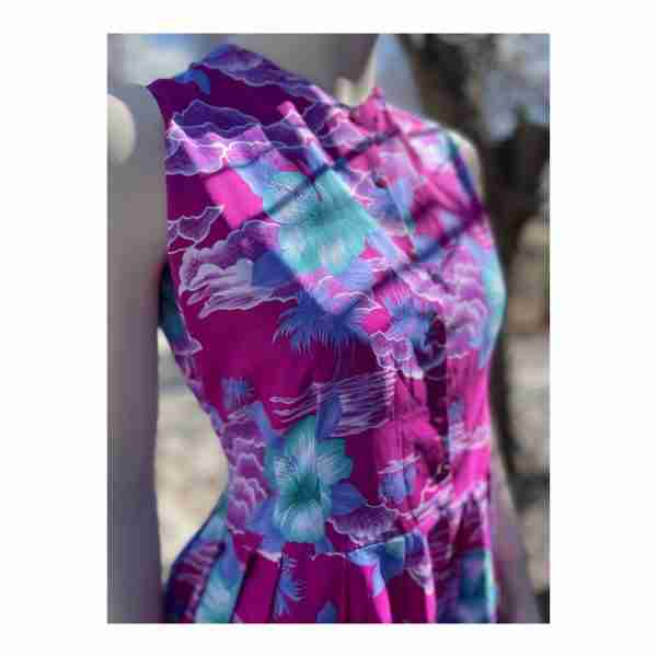 Vintage Pleated Skirt Dress Hawaiian Print Summer Floral Sleeveless - Image 2