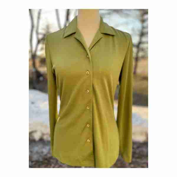 Vintage 90s Does 70s Reitman's Green Long Sleeve Blouse Top Fitted Sz M - Image 4