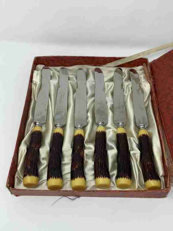 Rare Vintage Glo-Hill FAUX STAG BONE And BAKELIGHT DINKEE KNIVES Boxed Set 6 - Image 4