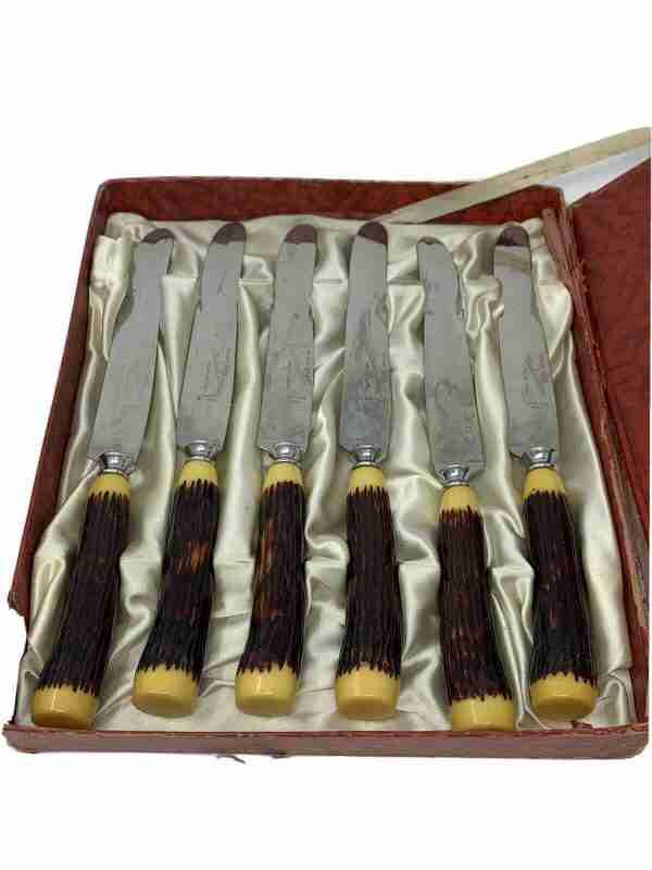 Rare Vintage Glo-Hill FAUX STAG BONE And BAKELIGHT DINKEE KNIVES Boxed Set 6