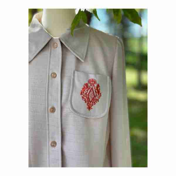 Vintage 70s Sears Fashions Cream Shirt Shacket Dagger Collar Cream Embroidery Sz