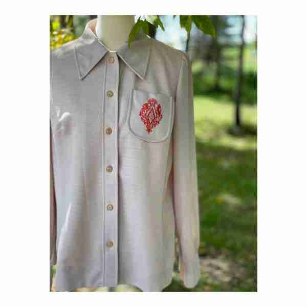 Vintage 70s Sears Fashions Cream Shirt Shacket Dagger Collar Cream Embroidery Sz - Image 13