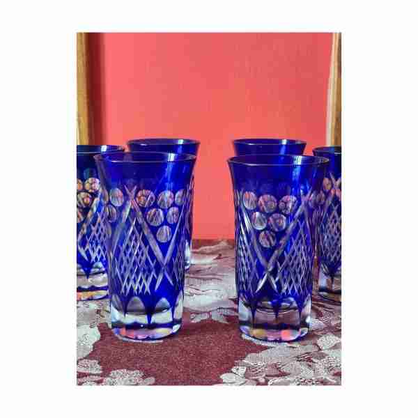 Vintage Cut Crystal Juice Glasses Cobalt Blue Cut To Clear Art Nouveau Set of 6 - Image 2