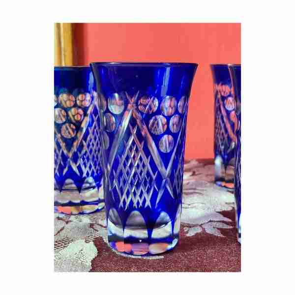 Vintage Cut Crystal Juice Glasses Cobalt Blue Cut To Clear Art Nouveau Set of 6 - Image 3