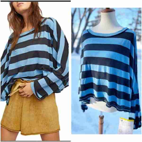 Free People East West Tee Striped Sz XS Bottled Blue NWT Oversized Dolman